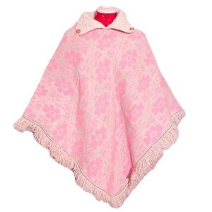 Wool Handmade Poncho Pink Floral Flowers Knit Crochet